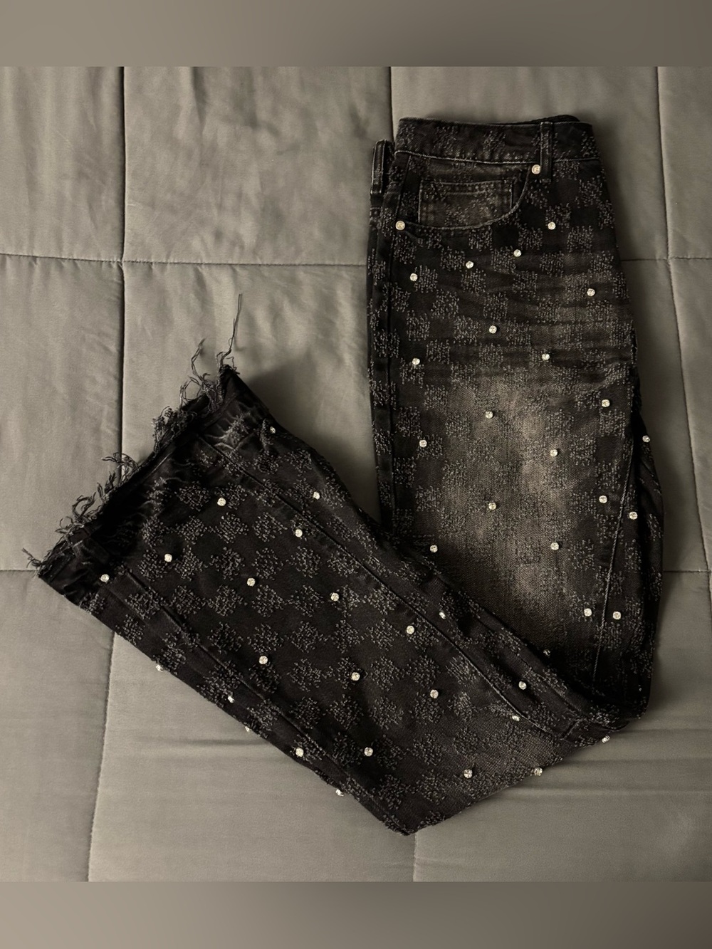 Reputation Studios Washed Black Rhinestone Flare Denim - Picture 2 of 10